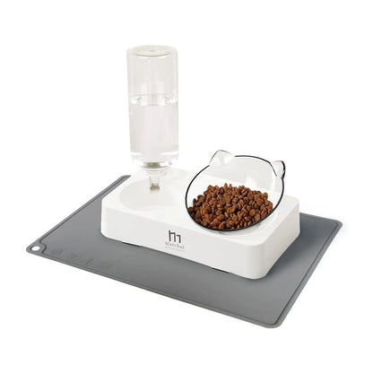 Raised Three Cat Dishes Food and Water Bowl with Automatic Water Bottle for Cats