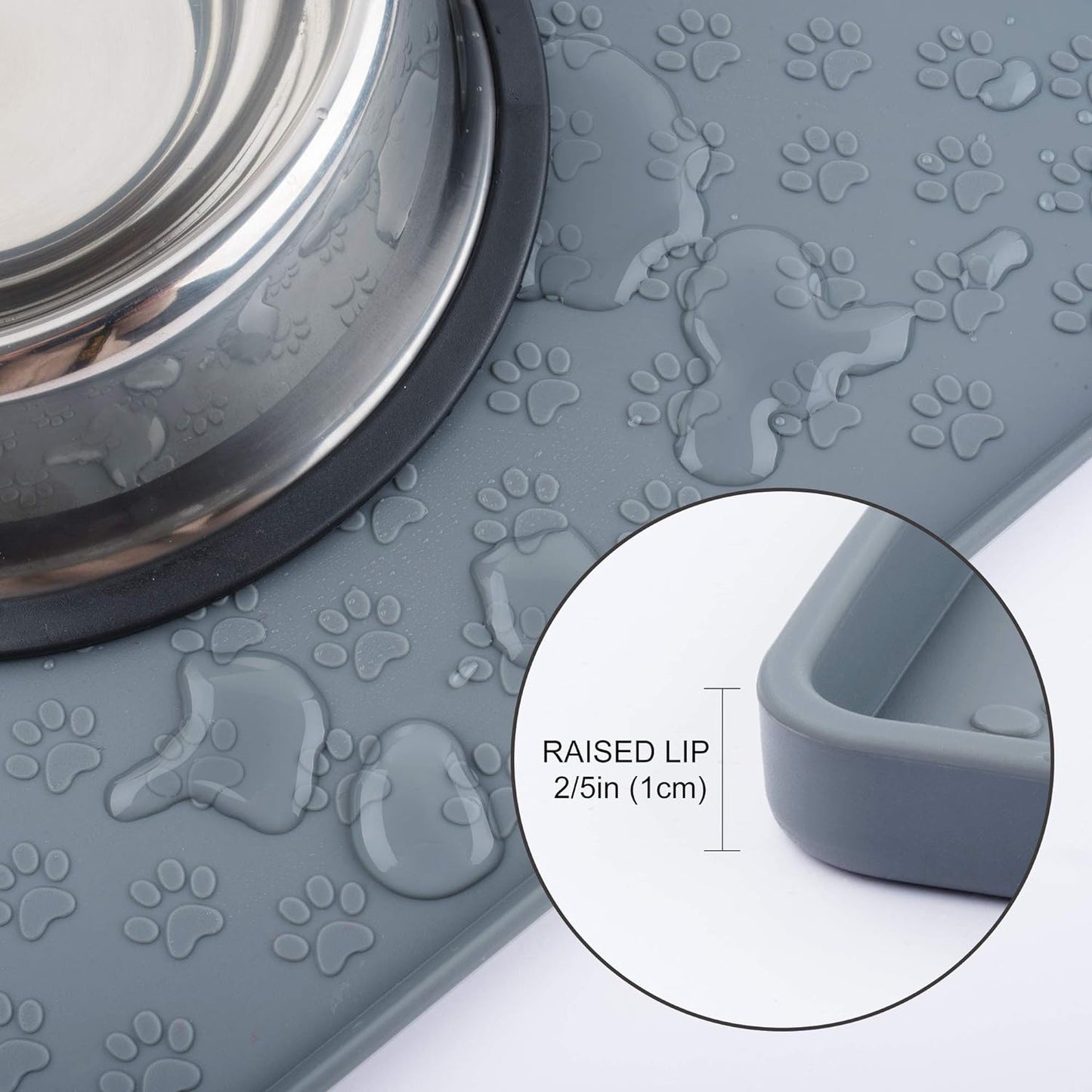 Cat & Dog Food Mat, Sillicone Waterproof Pet Bowl Placement Tray to Stop Food Spills and Water Messes Out to Floor (M: 18.9X11.8In, Grey)